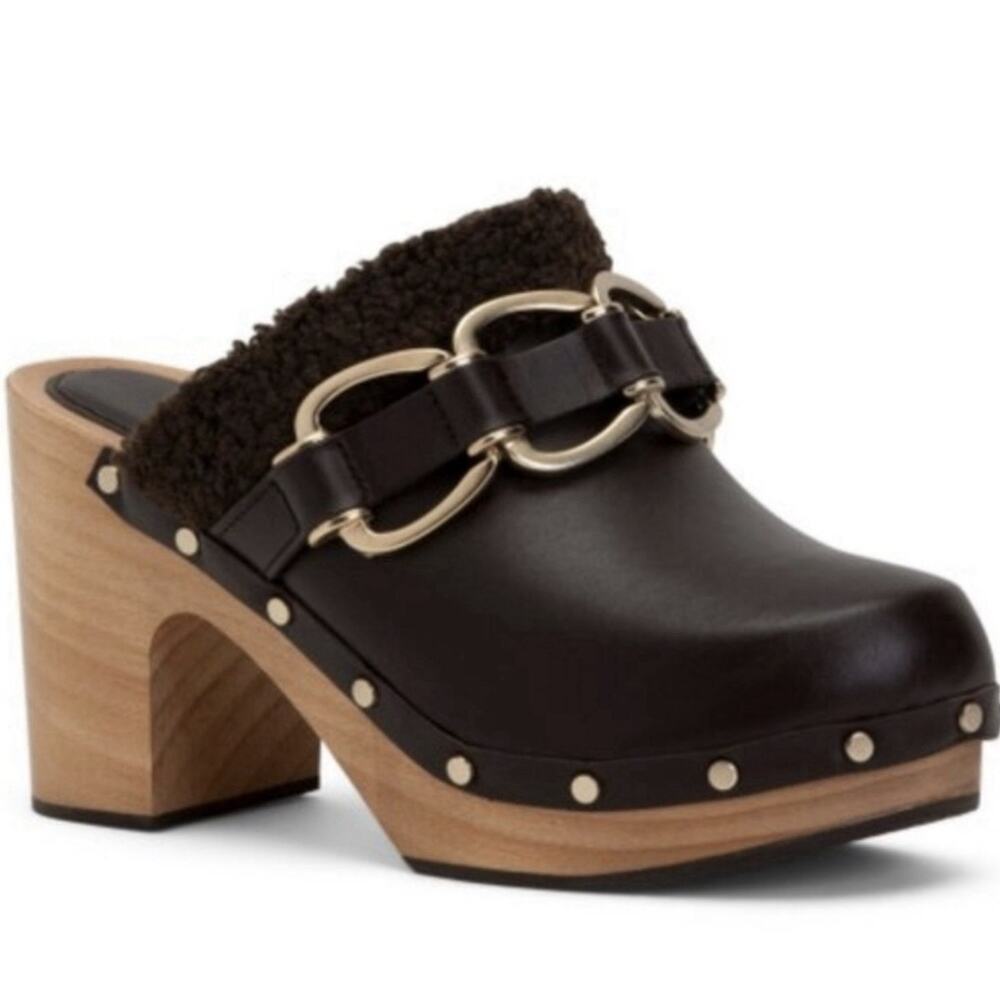 Maje Fran Brown Gold Chain Link 41 10 Studded Leather Mules Clogs Wooden NWOB‎